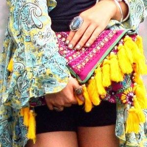 Handmade boho tassel clutch bag from Thailand